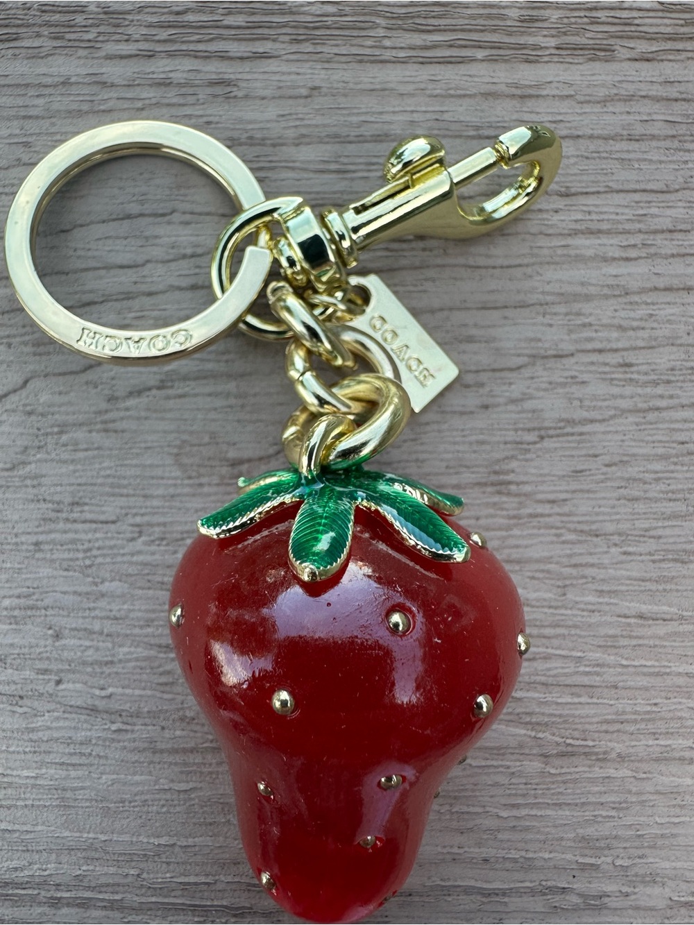 COACH Red & Green Strawberry Enamel Key Charm with Gold Hardware